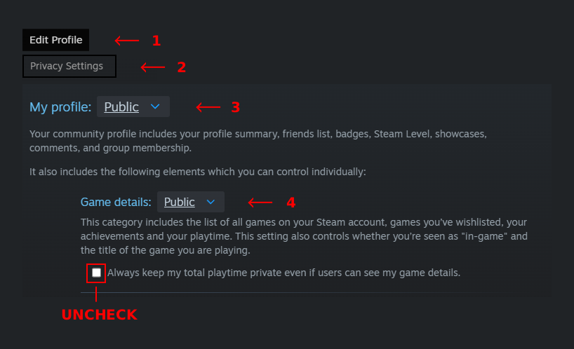 Steam privacy settings with My profile and Game details set to Public
